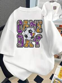 New 180g Short-Sleeved T-Shirt, 1% Cotton, With Front And Back Print - GAME DAY - Fashionable Printed T-Shirt For Women, Short-Sleeved, Suitable For All Seasons,  Clothing - Can Be Worn As A Base Layer In Spring And Autumn Or Alone In Summer, Unisex. - 白色 - 查看 7