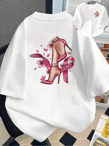 New 180gsm Short-Sleeved T-Shirt, 1% Cotton, With Front And Back Print - Pink Ribbon, Breast Cancer Awareness - Fashionable Printed T-Shirt For Women, Your Best Choice! - Suitable For Layering In Spring And Autumn, And For Wearing Alone In Summer, Unisex Style. - White - View 6