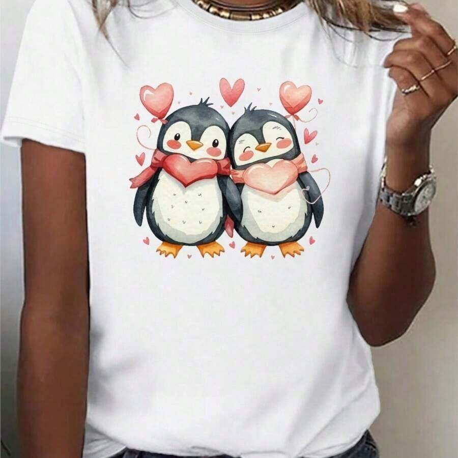 Camiseta de Cuello Redondo con Estampado de Pareja de Pingüinos y Corazón, Diseño Simple y Versátil, Camiseta Casual de Manga Corta para Verano, Ropa Casual de Mujer, Camiseta de Algodón - Blanco - Ver 1