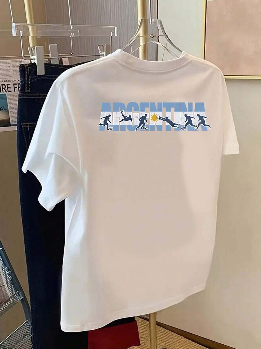 Women's Spring/Summer T-Shirt. Short-Sleeved T-Shirt With Front And Back Print - Argentina, Football Print - Women's Spring/Summer T-Shirt With A Modern Print, A Fashionable Item. Create Everyday Looks That Make You Look Slimmer. - 白色 - 查看 1