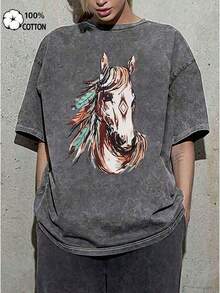 New Women's Basic T-Shirt For Everyday Wear, American Style, 100% Pure Cotton, Fun Retro Western Style T-Shirt, Horse Riding T-Shirt, Cartoon Letter Print T-Shirt, Vintage Clothing For Women, Mother's Day Outfit, Women's Clubwear 2026 - 灰色 - 查看 5