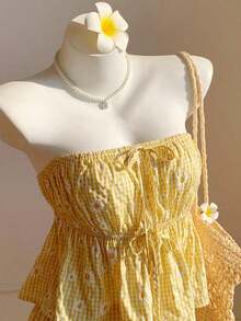 Conjunto de 2 piezas de top sin mangas y pantalones para mujer, color liso, estilo minimalista, apropiado para el verano - Amarillo - Ver 4