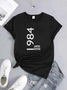 1pc Women's Limited Edition 1984 Commemorative T-Shirt - Short Sleeve Crew Neck Sports Top, Bold Print, Machine Washable, Casual Spring Summer Autumn Wear, Birthday Or Mother's Day Gift, Minimalist Design, Non-See-Through Fabric, Hyper-Stretch Material - 黑色 - 查看 1