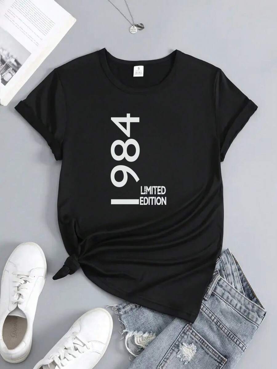 1pc Women's Limited Edition 1984 Commemorative T-Shirt - Short Sleeve Crew Neck Sports Top, Bold Print, Machine Washable, Casual Spring Summer Autumn Wear, Birthday Or Mother's Day Gift, Minimalist Design, Non-See-Through Fabric, Hyper-Stretch Material - 黑色 - 查看 1