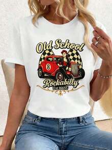 100% Cotton. Vintage Rockabilly Style T-Shirt With Car Print, Premium Fabric, Crew Neck, Relaxed Fit, Comfortable, Eye-Catching Print. Women's Simple Solid Color T-Shirt, Loose And Slim Fit Casual Short Sleeve - 白色的 - 查看 6