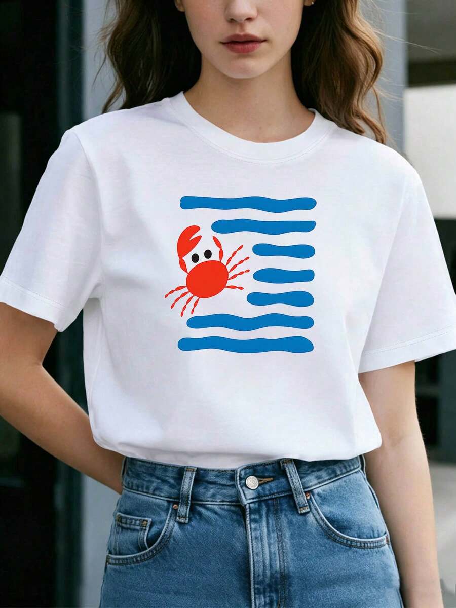Fresh Color Combination, Crab And Wave Print, Oversized Crew Neck, Comfortable And Casual Short-Sleeved T-Shirt For Women, Ideal For Spring/Summer. Stylish, Simple, And Cute Women's Clothing. Suitable For Beach Vacations, Everyday Wear, Summer Outfits, And Casual Occasions. - 白色 - 查看 1