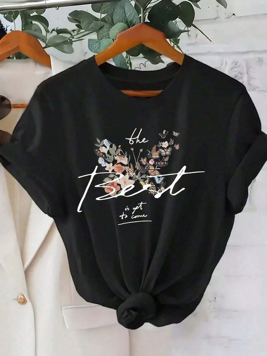 Women's Blouses, Cartoon Print T-Shirt For Women, Casual Short Sleeve T-Shirt For Spring And Summer, 100% Cotton Women's Clothing With Round Neck, Summer Essential, Casual Wear For Everyday Use, - 黑色 - 查看 1