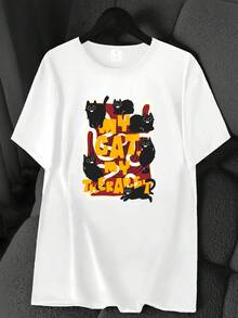Black Cat Print T-Shirt. Available In 6 Colors, Short Sleeves, Round Neck, High Elasticity, Casual Sporty Style. Machine Washable. Suitable For Spring And Summer. Can Be Worn In All Seasons. Women's Clothing. Elegant Party Outfit, T-Shirt For Elegant Ladies, Blouses Suitable For Curvy Women, Casual Wear, Cool And Sweat-Free Summer Wear, Fun Letter Print. - 白色 - 查看 6
