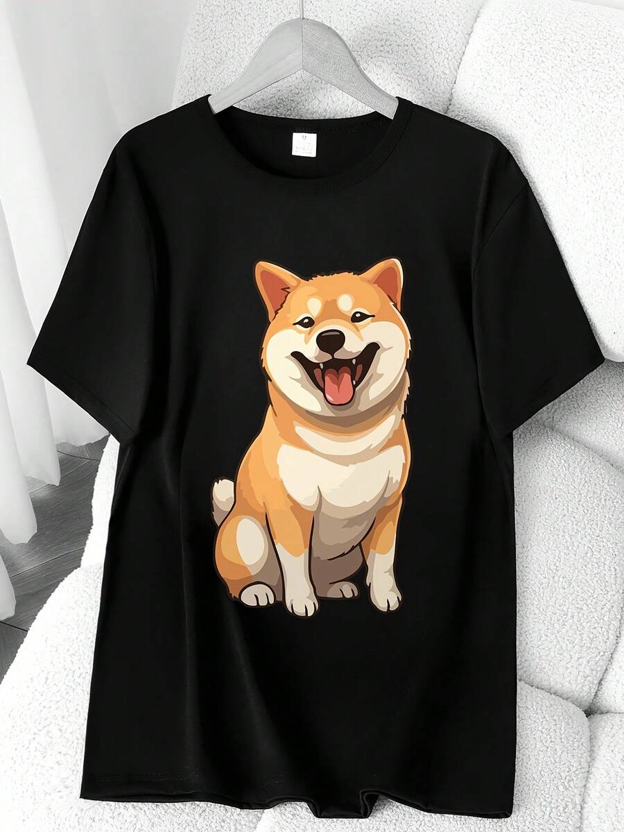 Dog Print T-Shirt. Short Sleeve, Round Neck, High-Elasticity Casual Sports Top. Machine Washable. Spring/Summer. Women's Clothing. Elegant Party Outfit, T-Shirt For Elegant Ladies, Blouses Suitable For Curvy Women, Casual Wear, Cool And Sweat-Free Summer Clothing, Fun Letter Print. - 黑色 - 查看 1