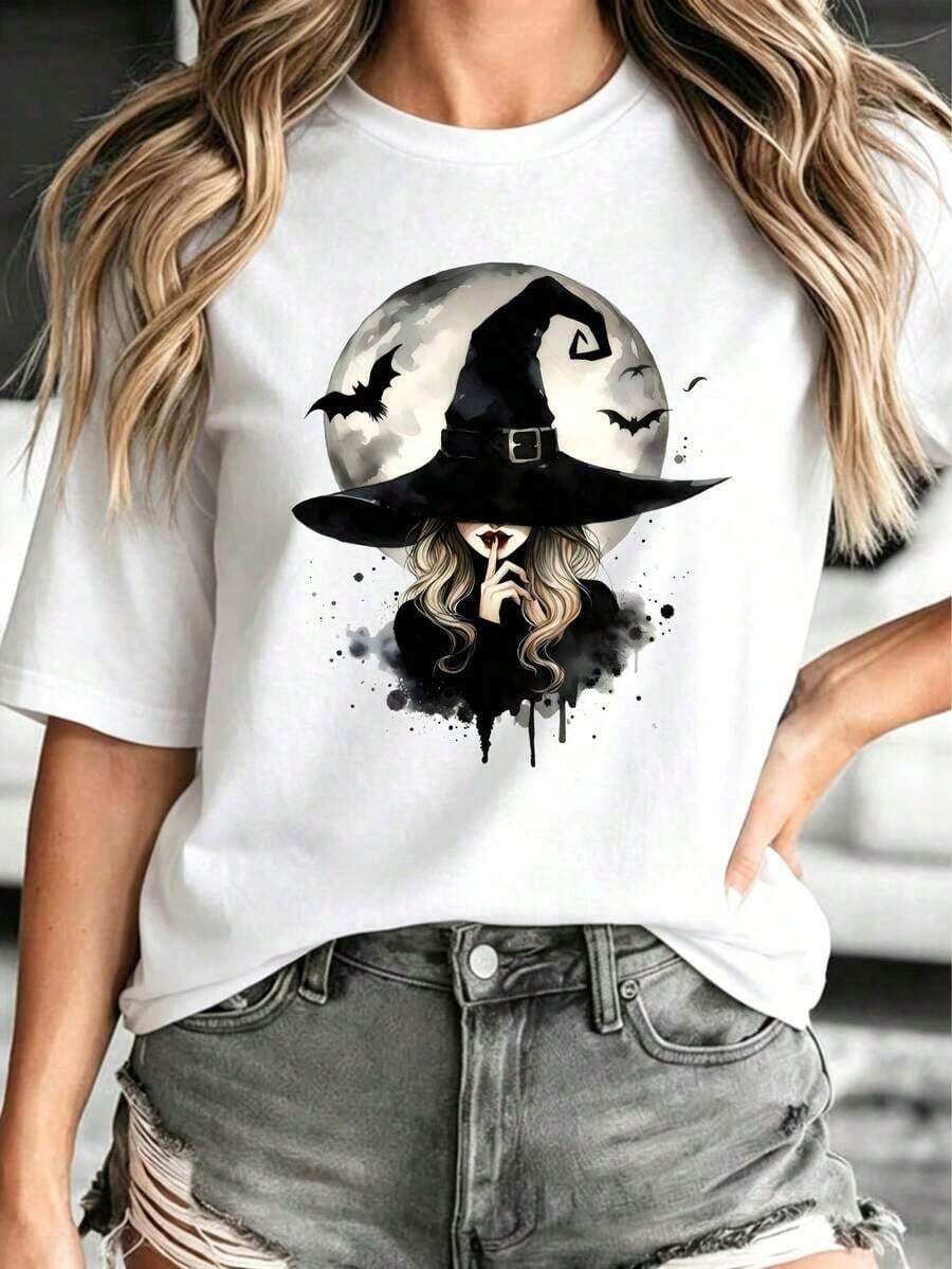 Women's Casual T-Shirt With Simple And Versatile Design, Black, Round Neck And Short Sleeve, With Witch And Bat Print In Cotton Knit Fabric - White - View 1