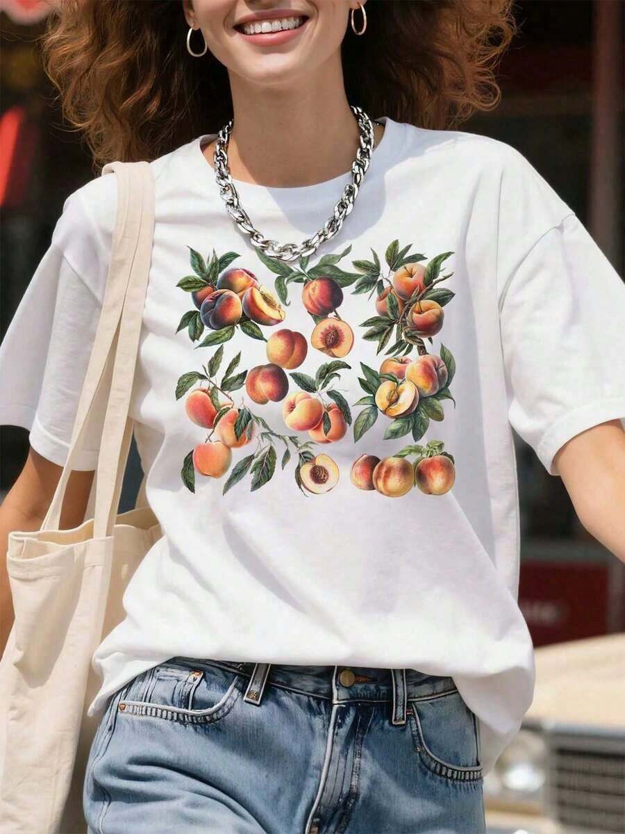 Cool T-Shirt, Casual T-Shirt With Peach Fruit Print, Graphic T-Shirt For Women, Casual Summer Top, Fashion Piece, Streetwear Style Outfit Choice. - 白色 - 查看 1