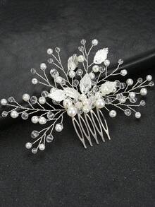 1pc Crystal & Rhinestone Decor Bridal Bridesmaid Hair Comb, Luxurious Hair Accessory For Wedding, Banquet, Party - Silver - View 2