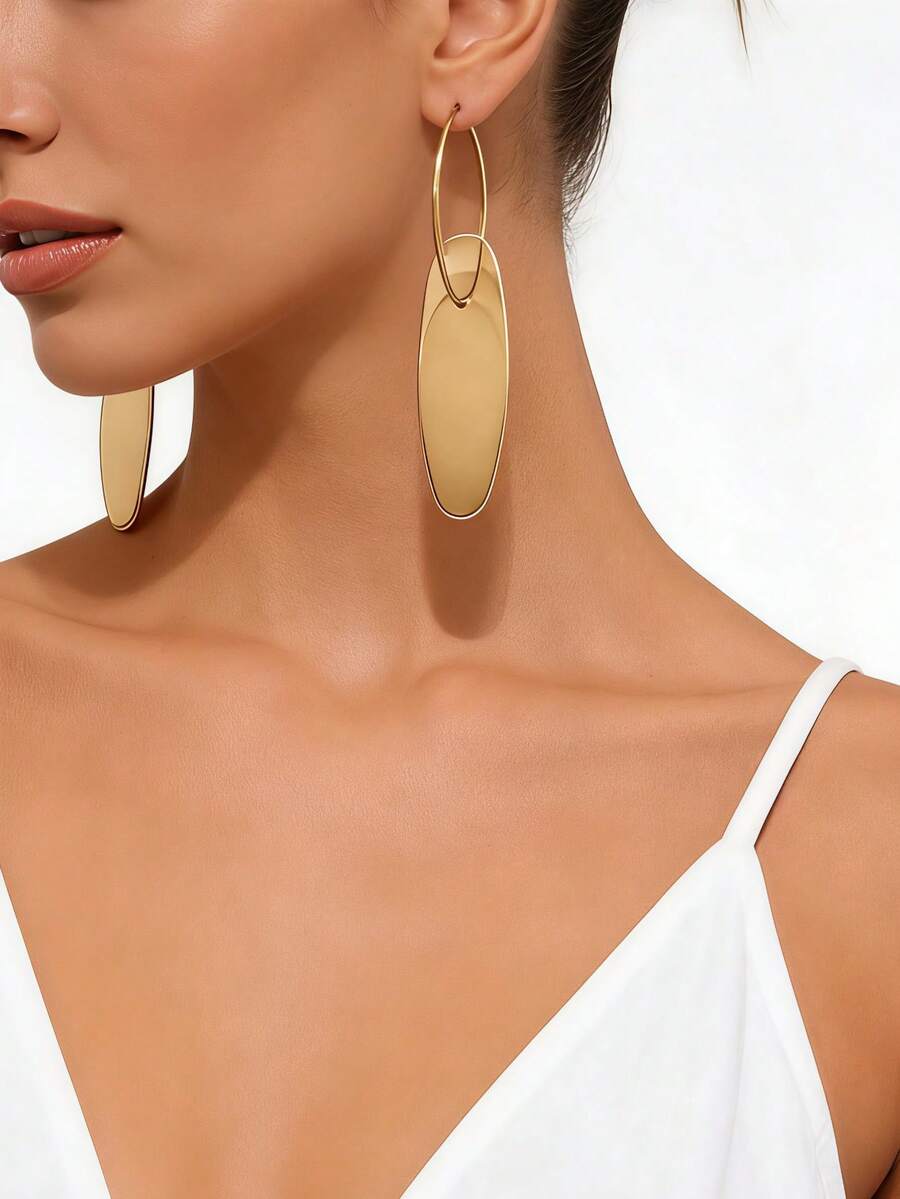 1 Pair Women's Minimalist Glossy Gold-Plated Oval Pendant Earrings, Delicate Hoop Design, Versatile For Commute, Date, Party, Daily Wear, Elegant Chic Style - Yellow Gold - View 1