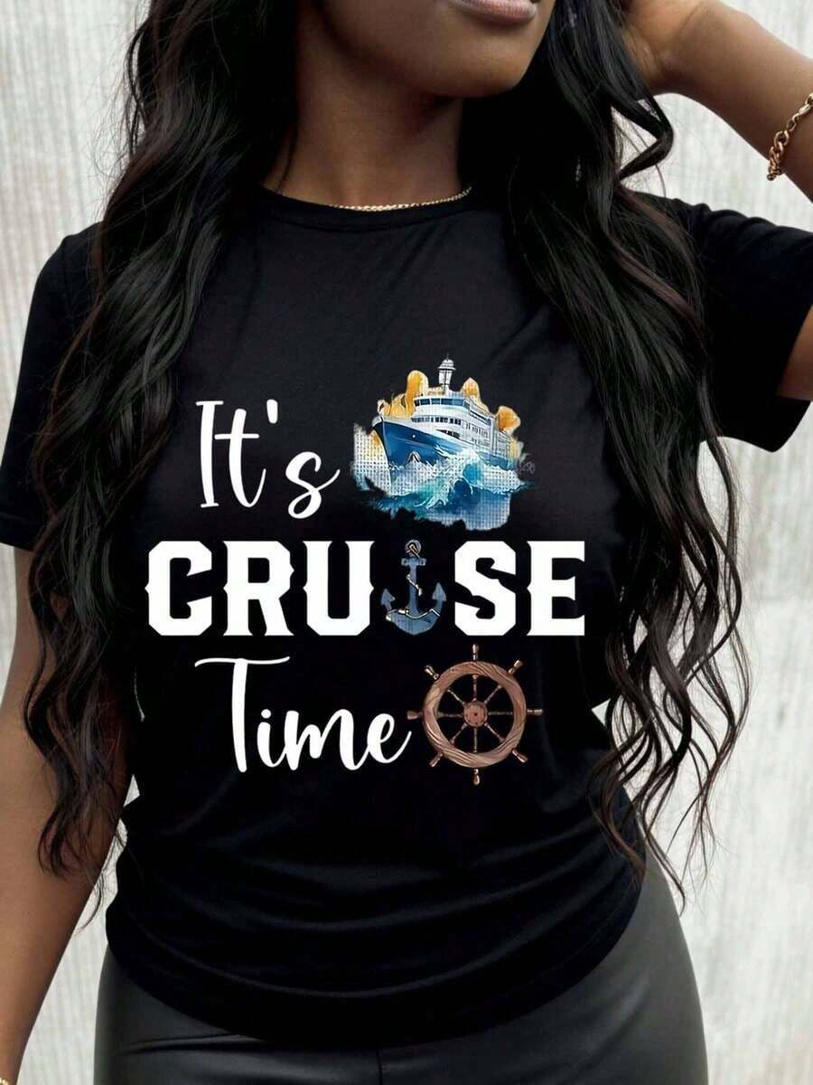 It's A Women's T-Shirt With A Ship's Anchor And Helm Design, A Nautical-Themed T-Shirt For Summer Vacation Outfits. - 黑色 - 查看 1