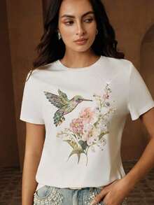 Women's Printed T-Shirt, New Summer T-Shirt For Women, Casual, Beaded, Hummingbird And Flower Print, Round Neck, Short Sleeve, Soft Style, Versatile, Slim Fit, Casual Summer Top. - 白色 - 查看 4