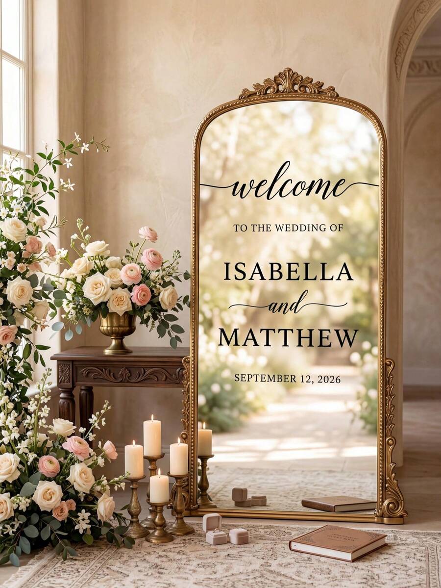 Customized Mirror Sticker Wedding Decoration, DIY Wedding Signage Decor, Mirror Sticker Welcome To The Wedding, Personalized Newlyweds Name And Date, Acrylic Wedding Sign - Multicolor - View 1