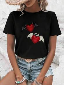 Women's T-Shirts With A Fun Angel And Devil Heart Design - Casual Round Neck, Short Sleeves, Breathable Top For Spring And Summer, Stylish, Relaxed, Soft, Lightweight And Comfortable, Suitable For Daily Wear And Outdoor Activities. - 黑色 - 查看 7