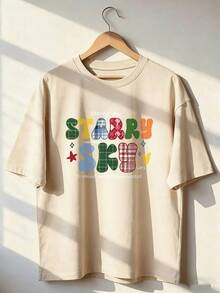 Starry Sky T-Shirt With Checkered Lettering,  Short-Sleeved T-Shirt For Spring/Summer 2026, Made In Mexico, 180 Grams. Cartoon Print, Couple Design, Suitable For Indoor Or Outdoor Wear. Crew Neck, Unisex, Ideal For The Office And Leisure. One-Pack. - APR-P631577SLNDXZGY584 - 查看 1