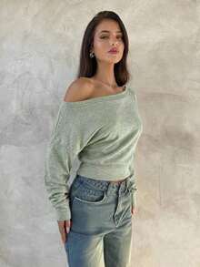 Top de manga larga asimétrico de hombro de punto de color albaricoque para mujer, otoño/invierno - Verde - Ver 6