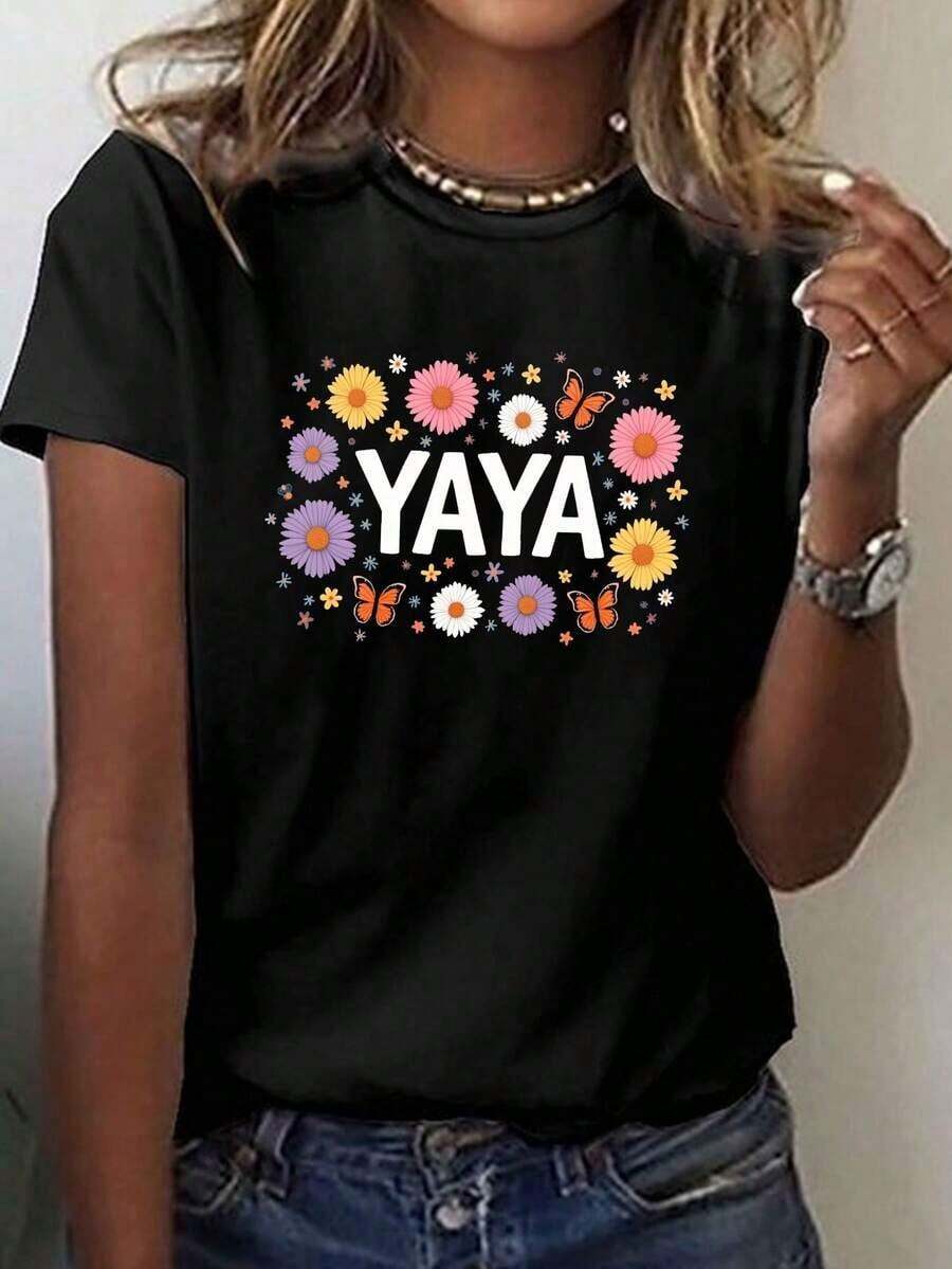 YAYA Floral And Butterfly Print T-Shirt, Short Sleeve, Round Neck, Casual Top For Summer And Spring, Women's Clothing Suitable As A Gift. Women's T-Shirt. Blouses>Elegant. Boho Chic, Soft, Breathable And Comfortable Women's Top, Ideal For Spring, Summer And Autumn, Perfect For Vacations, Travel And Everyday Wear. - 黑色 - 查看 1