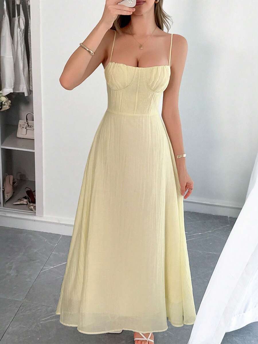 New Spring-Summer Maxi Dress For Women, Casual Holiday Style, Thin Straps, Fitted Cut, Flattering Design, Cool, Perfect For Vacation, Beach, Walks And Day Looks - 黃色 - 查看 1