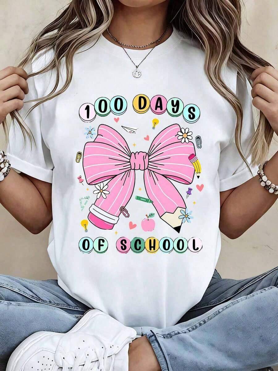 Women's T-Shirt, Girls' T-Shirt, Graphic T-Shirt With Pink Bow "100 Days Of School" For Kids And Teachers, Celebration T-Shirt With Adorable School Design, Colorful Elements And Educational Icons, Perfect For School Parties Or School Events - 白色 - 查看 1