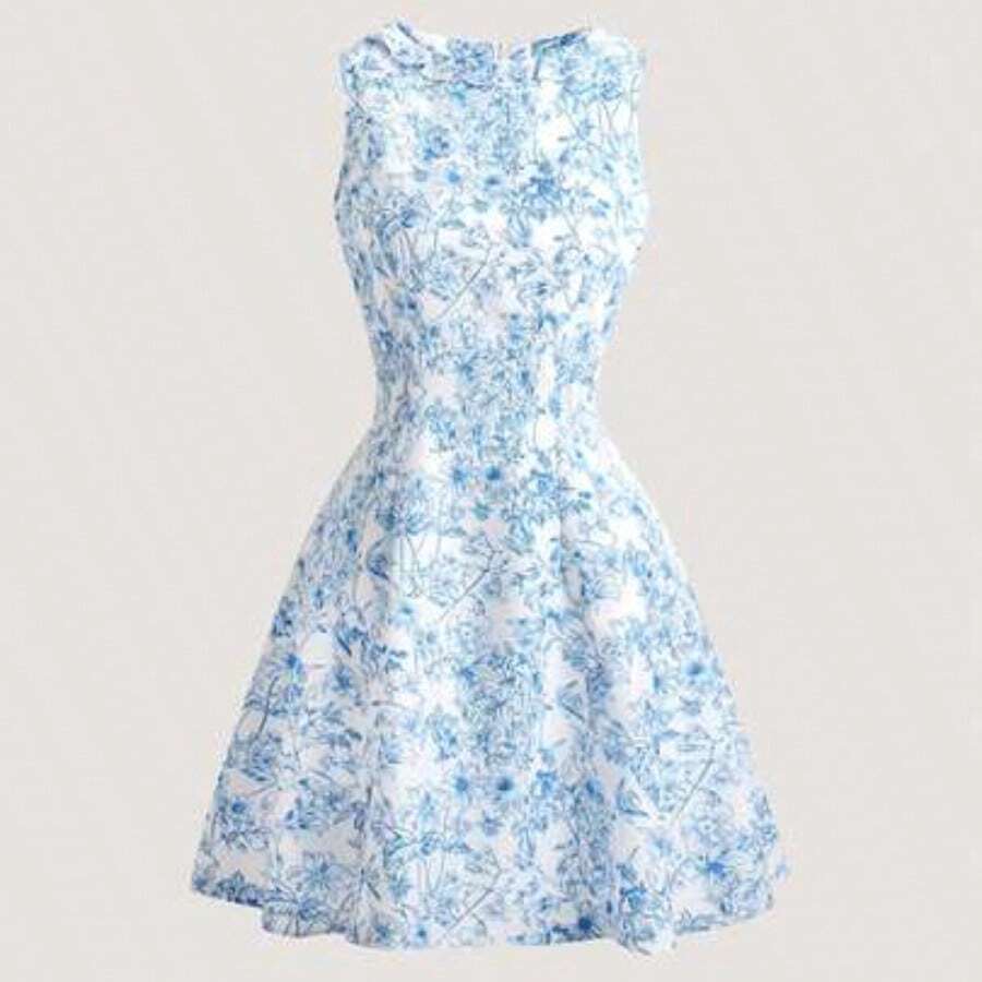 Vestido de verano de mujer francés elegante, de cuello redondo sin mangas, regular, estampado, nueva llegada - Celeste - Ver 1