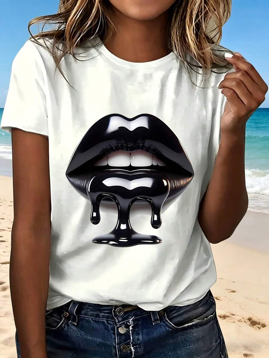 Black Lip Print T Shirt With Fashion Design Trendy Style Perfect For Beach Party Casual Wear Cute And Creative Gift Choice - Blanco - Ver 1