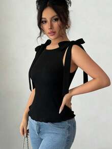 Blusa elegante y de moda de unicolor con tirantes para mujer - Negro - Ver 4