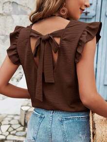 Frenchy Blusa de verano para mujer con volantes y cruce de tirantes en la espalda en color liso - Café integral - Ver 6