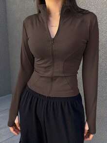 Chaqueta Ajustada Con Cierre De Cremallera Para Mujer - Café integral - Ver 5