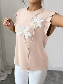 Camiseta de mujer con flores tridimensionales lindas y contrastantes para verano y otoño - Caqui 2 - Ver 6