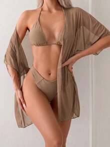 Swim Kimono sencillo para cubrirse de mujer de unicolor para uso diario - Marrón Mocha - Ver 5