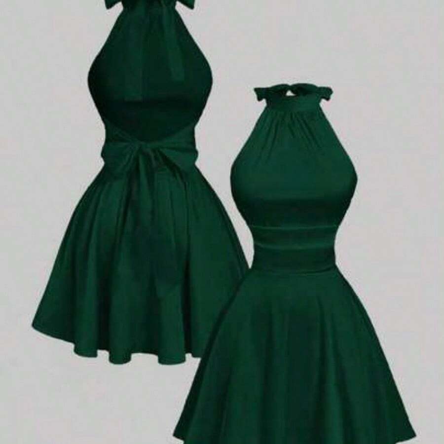 MOD Vestido mini con espalda descubierta, lazo y estampado floral abstracto fluido - Verde Oscuro - Ver 1