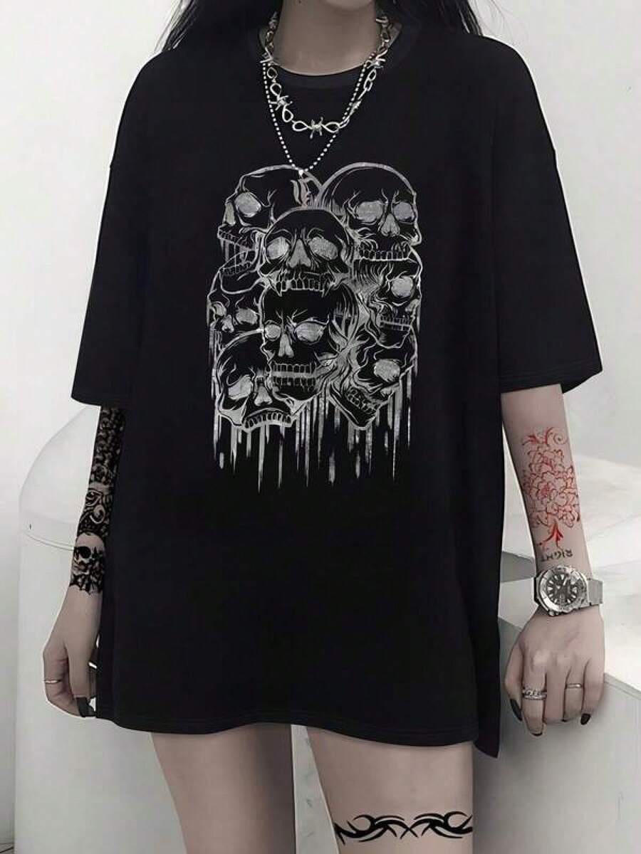 1pc Camisetas Para Mujer Camiseta única con diseño de calaveras estilo y2k para un look atrevido y moderno perfecta para destacar en cualquier ocasión y seguir las  más hot de México ideal para quienes aman la moda urbana y el arte alternativo Camiseta De Manga Corta De Algodón - Negro - Ver 1