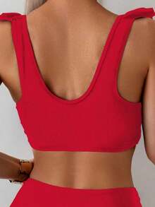 2 piezas Conjunto de traje de baño de verano para mujer con parte superior corta plisada de un solo color con volantes y tirantes, y Bottom triangular tableada y fruncida de cintura alta - Rojo - Ver 5