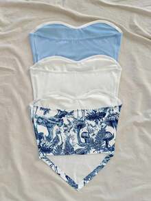 3 Piezas Camiseta corta casual con estampado de mariposa y diseño, bajo asimétrico, apta para vacaciones, playa, verano - Multicolor 2 - Ver 2