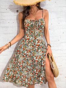 Vestido ajustado de mujer con tirantes finos y estampado floral, vestido vintage con espalda descubierta y bajo con abertura para fiesta/cita - Multicolor 2 - Ver 6