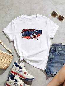 Camiseta de manga corta con cuello redondo suave y casual para mujer, el estampado gráfico de motocross de Jett Lawrence es ideal para conjuntos de primavera y verano. Negro. - Blanco - Ver 5