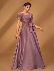 Elegante y lujoso vestido romántico con parches de malla, satén plisado, cuentas y apliques de lentejuelas, manga corta, lazo y dobladillo en línea A, adecuado para fiesta de noche, citas, vacaciones, baile, festival de música, boda, madre de la nov - Rosa vieja - Ver 4