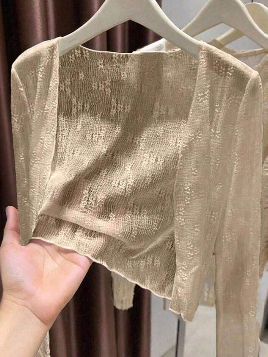 Cárdigan informal de manga larga, ligero y de corte regular para mujer, ideal para salidas y vacaciones. - Caqui - Ver 1