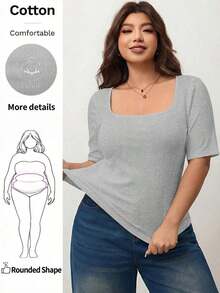 Camiseta de manga corta de cuello cuadrado de ajuste ceñido y elástica para mujer de talla grande, camiseta primavera y verano amigable con la piel, compatible con curvas redondeadas del Body, compatible con la forma del Body redondeada de Apple/20 - Gris Claro - Ver 8
