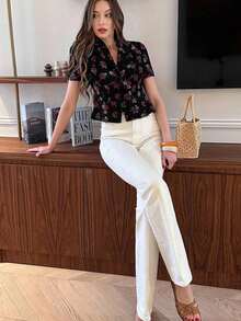 Camisa de moda de mujer con estampado floral, cuello solapa y manga corta de una sola hilera - Multicolor 2 - Ver 3