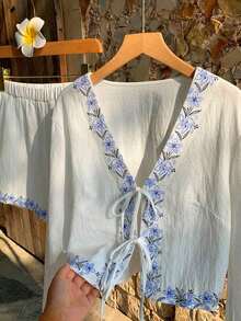 Conjunto de blusa con amarre al frente y shorts con estampado de anacardo para mujer, en estilo bohemio - Blanco 2 - Ver 4