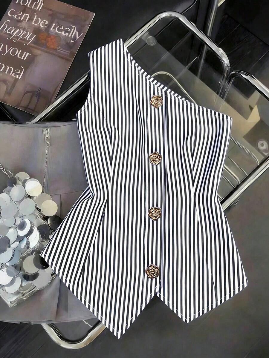 CURVE Una blusa de mujer de verano de gran tamaño, de estilo casual y con rayas tejidas - Negro - Ver 1