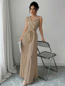 Mono elegante de mujer con diseño de doble botonadura y plisado en color albaricoque, para primavera y otoño - Caqui - Ver 5