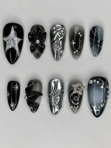 Móng giả dán kiểu Gothic Y2K màu đen, 10 móng giả 3D hình ngôi sao và xoáy bạc, có thể tái sử dụng để tự làm móng nghệ thuật theo phong cách Grunge. - màu đen - Xem 7