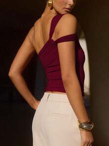 Top sin mangas para mujer, estilo europeo y americano, diseño ajustado y elegante, camiseta asimétrica única, sexy y versátil para el verano - vino tinto - Ver 2