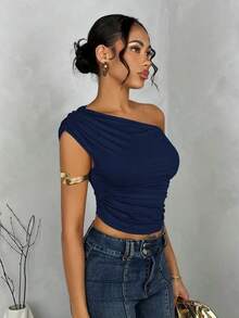 Blusa de verano con hombros asimétricos fruncidos en unicolor para mujer - Azul marino - Ver 4