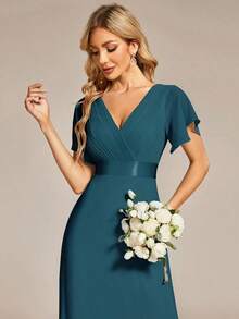 Vestido de dama de honor con cuello en V elegante, mangas con volantes y mariposa, color verde salvia, vestido de invitada de boda, vestido de primavera semi-formal para boda, fiesta de cumpleaños, graduación, Día de San Valentín - Azul - Ver 5